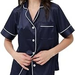Short Silky Satin Button up Pyjamas | Nightwear | Contrast Piping Design | Comfortable Sleep Shorts | Travel Outfit | Breathable Loose fit | Thick Satin | All Season Wear (3XL, Blue)-picture-17
