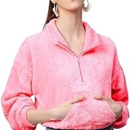 Pink Kangaroo Pocket Faux Fur Crop Sweatshirt-image-14