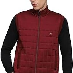 Mens Maroon Self Design Mock Neck Sleeveless Jacket-image-81