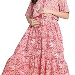 Floral Print Peach Cotton Maternity Dress Calf Length/Feeding/Nursing/Zipper/Drawstring/Printed-image-57