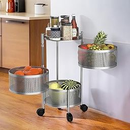 Kuber Industries Kitchen Storage Rack | 3-Tier Round Multipurpose Storage Trolley with Wheels | Rotating Vegetable Rack | Metal Fruit Rack | Silver-image-37