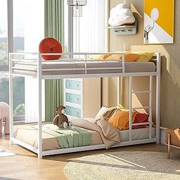 Twin Metal Low Bunk Bed With Ladder Only Frame(White)(Glossy)-image-25