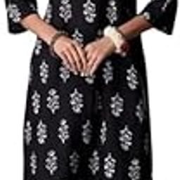 Women's Floral Print Straight Kurta with 3/4 Sleeves, Black and White, V-Neck 1087-image-82