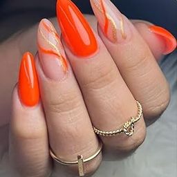 FWS Artificial fake Press On Nails Art Set (Set Of 20) Reusable Nails Extension,BridalNails,Stick-On Nails,Manicure Art Set, AcrylicNails,False Nails,DesignerNails | Nail Glue, Nail file, cuticle pusher, cleaning wipe | Glossy Orange Color Swirls Shape Stiletto-38