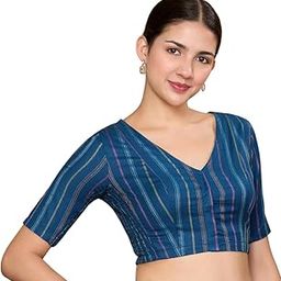 Women's Blue Cotton Handloom Stretchable (Smocked) Readymade Saree Blouse-20