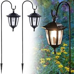 Dynaming 2 Pack Solar Hanging Lights Outdoor, Solar Powered Garden Decorative Lanterns with 2 x 34 Inch Shepherd Hooks, Waterproof Landscape Lighting for Lawn Patio Yard Pathway Driveway, Warm White-21