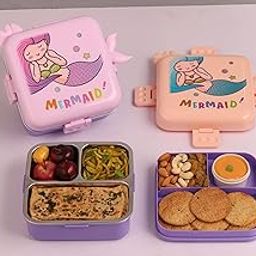 Primalite Kids Mermaid Theme Stainless Steel Bento Lunch Box for School, 3-Compartment, Sauce Jar & a Spoon, Leak-Proof with Seal-Ring Design & Multiple Lock-Design Tiffin, Air-Tight- 1100ML- Lavender-8