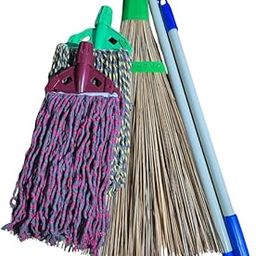 DustOut (Combo Pack) New Garden Broom with Coconut Stick with Powder Coated Metal Handle for Outdoor/Street/Patio & Two 6 Inch Clip n fit Floor Cleaning Cotton mop Heads only.-29