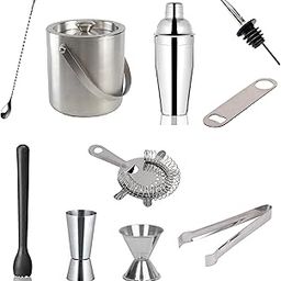 Dynore Stainless Steel 10 Pcs Bartender Martini Kit Set- Teardrop, Ice Bucket, Cocktail Shaker, Bottle Opener, Wine Pourer, Ice Tong,2 Peg Measure, PVC Muddler, Cocktail Strainer-5