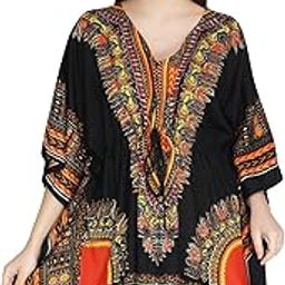 Women's and Girl's Short Dashiki Print Kaftan Dress Beach Wear Kimono Nighty (Small, Orange)-23