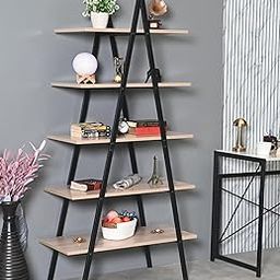 FORECRAFTS Triangle Shaped 5 Tier Shelf Rack Wooden Storage Stand with Steel Base for Books Home Decor and Kitchen Accessories Multipurpose Display Rack for Living Room Bedroom Kitchen and Office-10