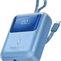 Promate Power Bank 10000mAh, Ultra-Compact Portable Charger with Built-in 35W USB-C™ Cable, 35W PD Type-C Port and 18W USB-A QC 3.0 Port Power Bank for iPhone and Android, PowerPods-10, Blue-90