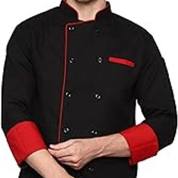 G-Apparels Men's Double Breasted Black Chef Coat Professional Red Piping, Poly Cotton-image-85