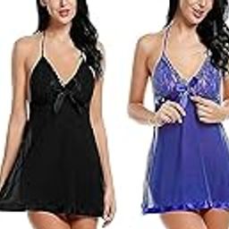 S.K.Colletion Fashion Women's Net Solid Above Knee Baby Doll Nightwear Dress with Panty Combo (Pink, Black, Blue, Red, Free Size) - Pack of 4-image-32