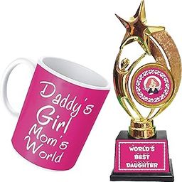 Gifts Bucket Daughters Day Gift Daddys Girl Moms World Coffee Mug with Trophy Award for Daughter Set of 2, Pink-image-47