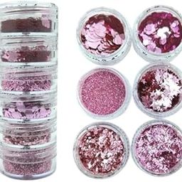 RADIANCE STORE 6 Boxes Total 60g, (10g Each Box) Festival Craft Glitter Chunky Sequins Iridescent Flakes for Face Body Eyes Hair Cosmetic Mermaid, Nail Art, Slime, Different Shapes Glitter (Pink)-image-71