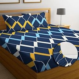 NHD HOME Cotton All Around Elastic Fitted Premium Prints Queen Size Double Bed Bedsheet with 2 Large Pillow Covers Fits Upto Mattress of 8 Inches,Size-60" x 78" Blue and White-picture-20