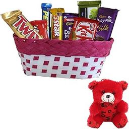 SFU E Com 8 Pieces Chocolate Gift Hamper With Beautiful Basket | Valentine Teddy Bear With Chocolate Combo | Valentine Chocolate Hamper | 177-46