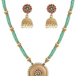 Traditional Ethnic Gold Plated Short Necklace Temple Jewellery Set | Antique Necklace Set for Women & Girls (NEC-8073)-image-37