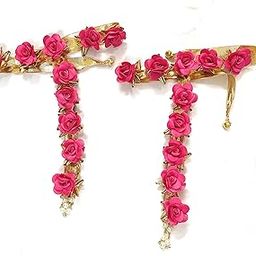 Flower Anklet/Payal With Attached Toe Ring For Women (Pink) For Haldi Mehndi Funtion for Bride-image-57