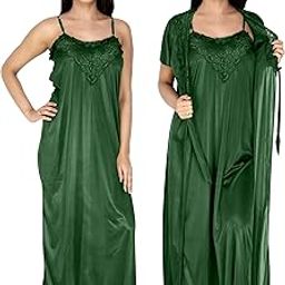 Women's Satin Solid Maxi Length Nighty with Robe -Pack of 2-image-64