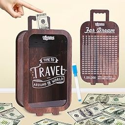 Toyshine Wooden Suitcase Piggy Bank Saving Box with 100000 Saving Target Savings Challenge Cash Vault & Money Saver for Adults & Kids-19