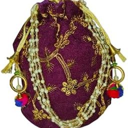 Traditional Purple potli Bag with Gold Embroidery, Decorative Pom-Poms, Drawstring Closure-image-15