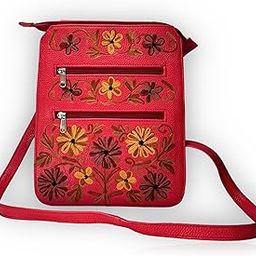 Embroidered Handcrafted Leather Sling Bag for Women – Compact Crossbody with Multiple Zippered Pockets – Stylish Everyday Crossbody-image-4