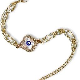 Clover Evil Eye Bracelet for Women, Anti-Tarnish, Diamond Studded, 2-Layered Gold Plated Pearl Bracelet, Adjustable, Handcrafted, Lightweight Jewellery for Daily Use, Gifting-35