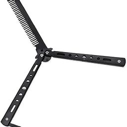 Butterfly Comb Stainless Steel Folding Training Practice Comb Hair Styling Tools Balisong Comb Metal Comb for Professional Hair Salon Training Exercises & Beginner (Black)-2