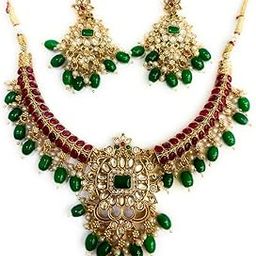 Antique Green Kundan Necklace Set with Earrings | Traditional Bridal Temple Jewelry with Ruby Beads | | Ethnic Festive Choker Design for Women |-image-84
