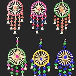 PARTY HONCHOOS Multicolored Gota Pom Pom Dream Catchers with Bell Diwali Decoration, Indian Wedding Decor, Mehndi Decor, Bollywood Theme Party, Holi Party (Pack of 10)-image-76