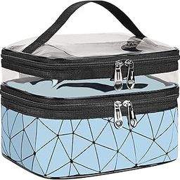 Makeup Bag Double Layer Cosmetic Case with Handle | Toiletry Organizer | Vanity Case | Make Up Box | Skincare Storage | Beauty Products | Holder | Big | Bags (Blue)-image-66
