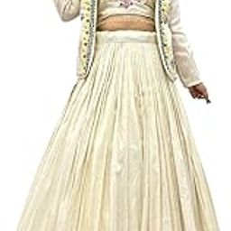 Designer Lehenga Set with Embroidered Jacket, Off-White Pleated Skirt and Crop Top, Floral Pink and Yellow Embellishments-image-70