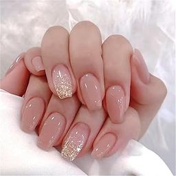 Kriga 24 Reusable Artificial Fake Nail Set| Peach Color With Sparkling Golden Glitter Short Ballerina Shape Glossy Nails| Lightweight & Long Lasting| Quick Fix For Festivals & Special Occasions-picture-47