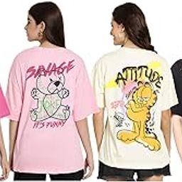 Pure Cotton Oversized Baggy Fit Drop Shoulder Latest Aesthetic & Cool Graphic Printed Half Sleeve Tshirt for Women |Trendy Tees |Casual Loose Korean T-Shirt for Women | Cotton Tee (Pack 4)-11