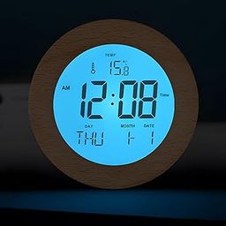 JoFomp Wooden Alarm Clock for Bedroom, 4'' LCD Nightlight Small Digital Clock Battery Operated, Loud Alarm Clock for Heavy Sleepers, Alarm Bedside Clock with Temp/Snooze/Date/Week/Countdown - 12/24H-image-64