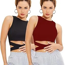 shasmi Women's & Girl's Black and Orange Solid Ribbed Round Neck Collarless Sleeveless Slim Fit Lace Up Tank Tops (Top 45)-picture-23