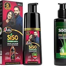 Siso Permanent Hair Color Shampoo Pump pack, Natural Black 180ml with Siso Aloe Vera Shampoo with conditioner 200ml, Daily use-26