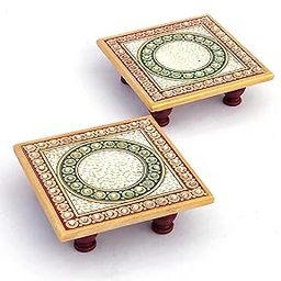 Mander Floral Art Design Marble Pooja Chowki for God | Handcrafted Marble Chowki for Puja Home Mandir, Idols Sitting, Pratima Murti (Pack of 2, Size: 4" x 4" Inch)-32