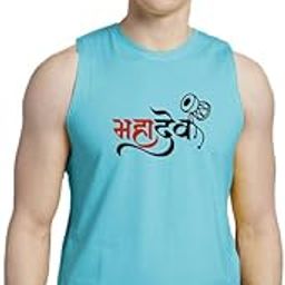Men MAHADEV Printed Cotton Sleeveless T-Shirt, Gym Vest (Turquiose)-image-78