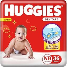 Huggies Dry Tape | Adjustable Tape Style Diapers, Newborn (NB) Size (0-5 Kgs), 36 Count | Up To 2X Faster Absorption, Up To 12 Hours Overnight Absorption-1