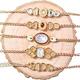 Raksha Bandhan White and Gold Kundan stones Rakhi For Men for Brother with Roli Chawal pack - Set of 5 Rakhis-15