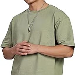 Men's Casual Textured Round Neck T-Shirt - Oversize Fit | Stretch Cotton Fabric | Half Sleeves | Soft & Stretchable | Oversized T-Shirts for Men | T-Shirts for Men-image-1