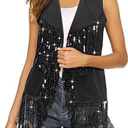 Women Sparkly Fringe Vest Long Glitter Tassel Cardigan Tops Sleeveless Open Front Blazer Vest Sequin Jacket-24
