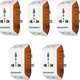TECHSON: 6A 3 Pin Multi Plug Socket Travel Adapter with Universal Socket, 3 Pin Multi Plug Extension Socket -Pack of-5 (White and Red)-38