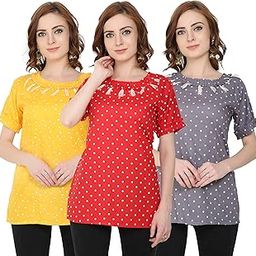 Women's Round Neck Rayon Printed Top (Free Size) Pack of 3 (Red, Yellow, Grey)-picture-36