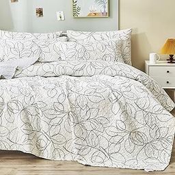 Tache Modern Abstract Floral Leaf Minimalist Line Art White Grey Bedspread Coverlet Set, King-image-23