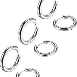3-4 Pairs 8mm-20mm Stainless Steel Men Women Hoop Earrings Cartilage Lip Piercing Nose Hoop 16G (Silver-tone 3 Pairs(8mm))-image-30