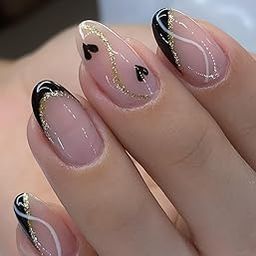 Set Of 14Pc, Press-On, French Tip, Short Round Glossy Nude Base With Black and Gold Glitter Design, Layer & Heart Pattern, Nail Extensions With Free Glue Kit-image-39